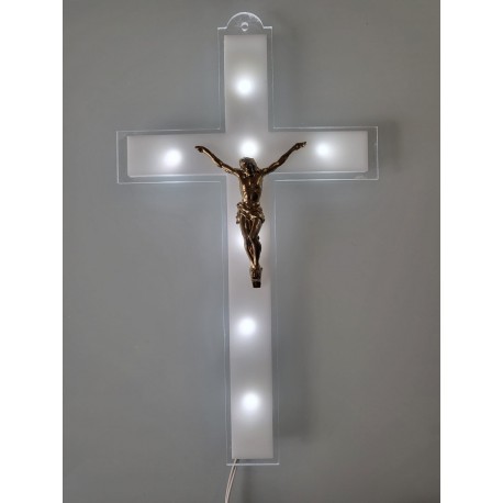 CROCE RIFLESSO IN PLEXIGLASS TRASPARENTE E BIANCO CON CRISTO LUCE LED E BATTERIE