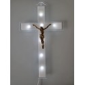 CROCE RIFLESSO IN PLEXIGLASS TRASPARENTE E BIANCO CON CRISTO LUCE LED E BATTERIE