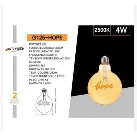 LAMPADA LED A FILAMENTO 4W E27 CON SCRITTA HOPE RETRO' VINTAGE